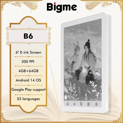 Bigme B6 ebook reader, 6'' B&W e-ink screen electronic book, 300PPI HD Display ereader, Android 14 OS, 4+64GB paper-like E-book