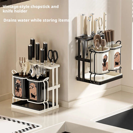 Kitchen Utensil & Knife Holder with Drain Tray Wall Mount Chopstick Cutlery Storage Rack for Countertop