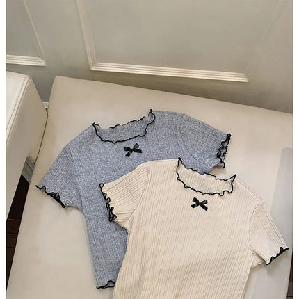 Girls' Ice Silk T-shirt Korean Style Short Sleeve Tops Children's Clothes 2025 Girl Summer Teen Kids Bow Round Neck Solid Tops