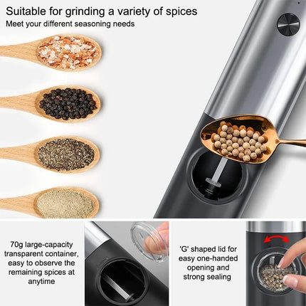 Electric Salt and Pepper Grinder Set With Led Light USB Rechargeable Automatic Spices Grinder Adjustable Spice Mill Kitchen Tool