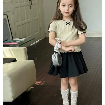 Girls' 1-12Y Korean-Style Knitted Lace-Trimmed Short-Sleeve Summer Ruched Tops: Trendy, Breathable, Bow Tie, Versatile Tee