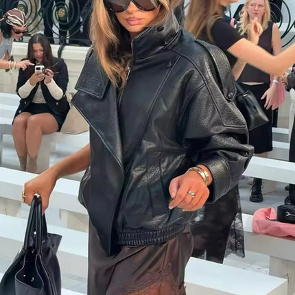 TFMLN Chic Black Faux Leather Jackets Women Long Sleeve Buttons Elastic Oversized Coats Fashion 2025 Autumn Winter Streetwear