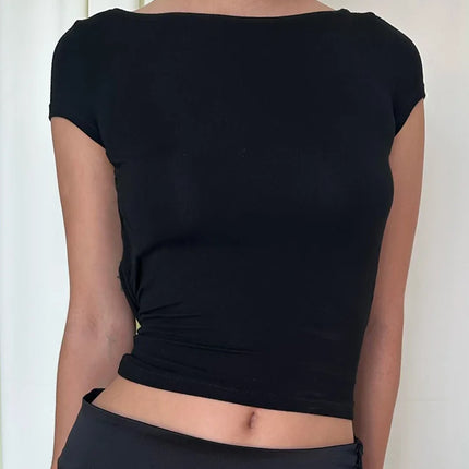 Women's O Neck Short Sleeve Backless Ruched Crop Top Y2K Streetwear Summer Spring Casual T-Shirt Dropshipping