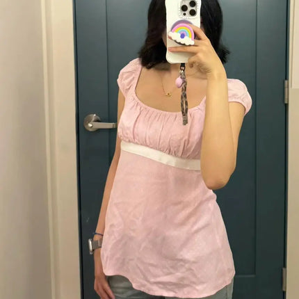 Women Summer Fairy Grunge Y2k Babydoll Shirts Cap Sleeve Micro Polka Dot Tie Back Flowy Slim T-shirts Tops Preppy Clothes