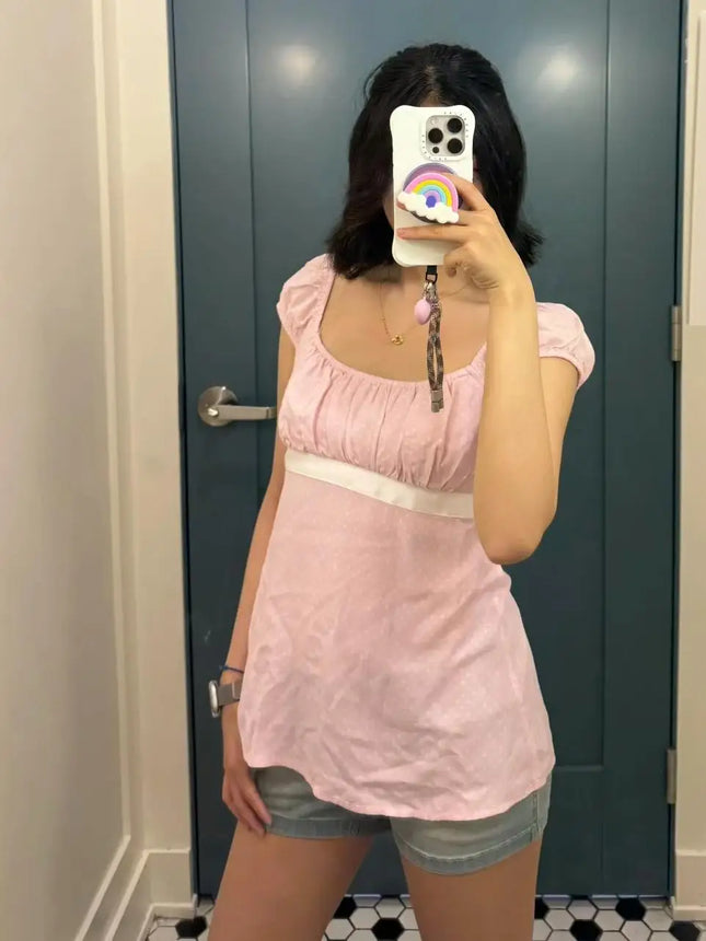 Women Summer Fairy Grunge Y2k Babydoll Shirts Cap Sleeve Micro Polka Dot Tie Back Flowy Slim T-shirts Tops Preppy Clothes