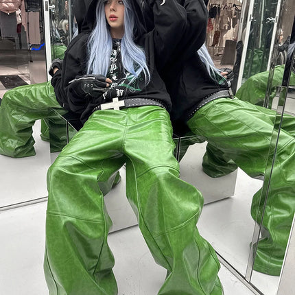 Mauroicardi Spring Autumn Cool Long Shiny Reflective Green Pu Leather Wide Leg Pants for Men Y2K Luxury Brands Original Clothes