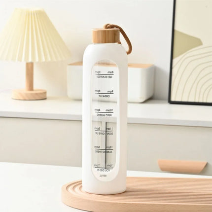 New 32oz 1L Time-marked Glass Water Bottles Bamboo Lid Free of Lead Motivational Sport Silicone Sleeve Portable Drink BottleGift