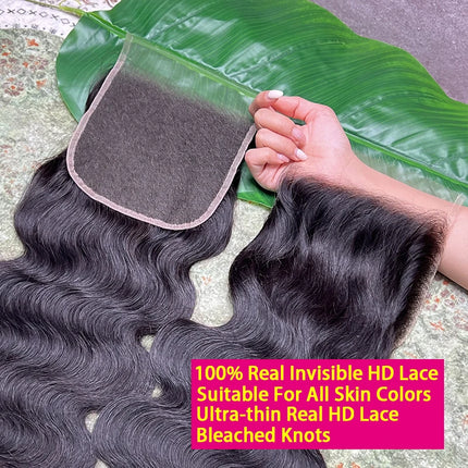 6X6 Body Wave HD Lace Closure Invisible HD Lace Melt Skin PrePlucked Bleached Knots 100% Raw Virgin Human Hair Natural Color