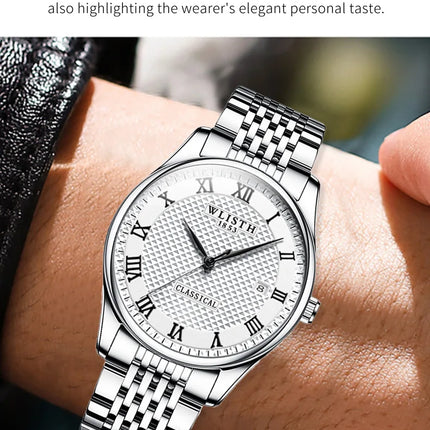 WLISTH Luxury Stainless Steel Watches for Man Waterproof Luminous Quartz Watches Roman Scale Wristwatch Date Week Men Watch