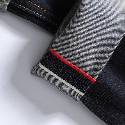 Men's Japanese Handmade Embroidered Jeans Pure Cotton Straight Tube Hip-Hop Popular Slim Red Ears Show Thin Trousers Devil Black