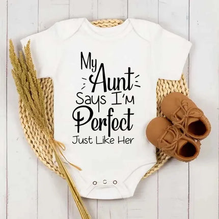 "My Aunt Says I'm Perfect Just Like Her" Funny Letter Printed Newborn Infant Baby Girl Clothes Short Sleeve Jumpsuit Outfits