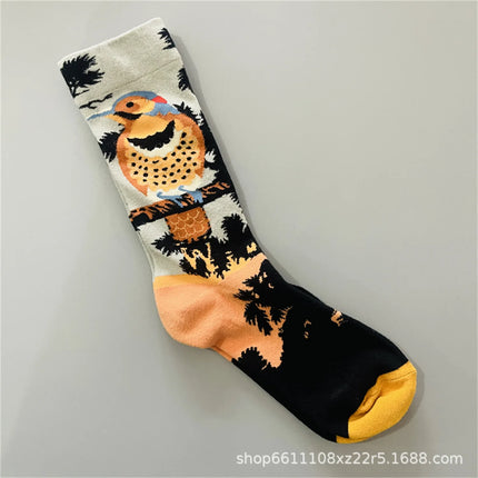 Bonne Maison French Small Batch Women's Fun Oil Painting Style Mid-Calf Cotton Dopaamine Colorful Socks Moisture Wicking Sweat