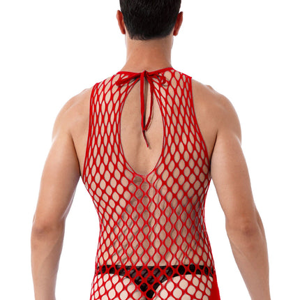 Male Sexy Lingerie Men's Fishnet Bodysuit Hollow Out Underwear Mesh Sleeveless Bandage Jumpsuit Guy Erotic Party Night Club Wear