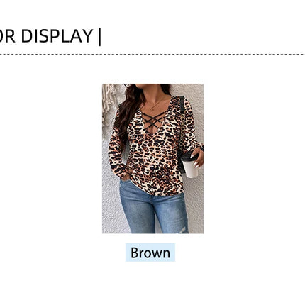 Plus Size Womens Elegant Leopard Print Long Sleeve Top Lace Trim Deep V-Neck Suitable for plus size wear Fashion Sexy