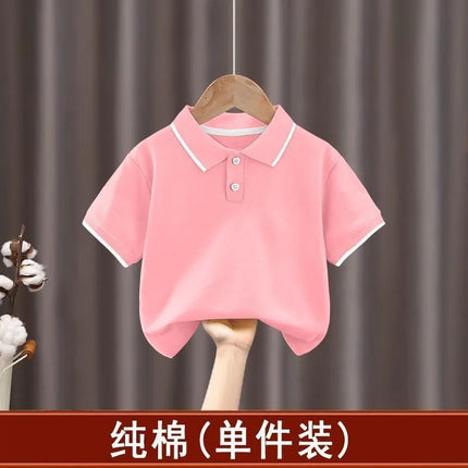2025 New Children's Boys' Short sleeved Polo Shirt Summer Splicing Breathable Girls' Trendy Collar Top Cross border