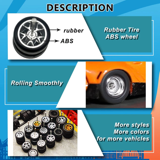 1/64 Wheels with Fixed Rubber Tires Branches Spoke for Toy Model Diecast Cars Refiting Parts for Hotwheels (5 sets for 5 Cars)