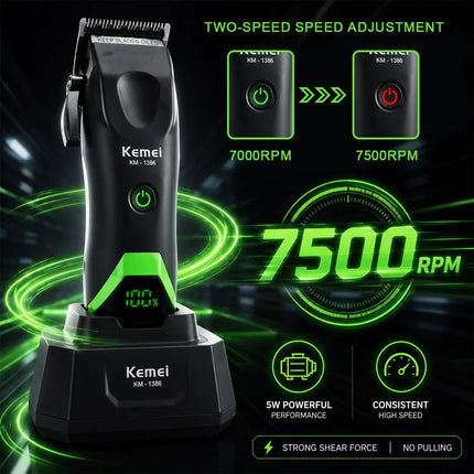 Kemei 1386 Men's Hair Clipper 8000RPM DLC Blade with Base Charger LED Display 2000mAh Professional Hair Cutting Machine Trimmer