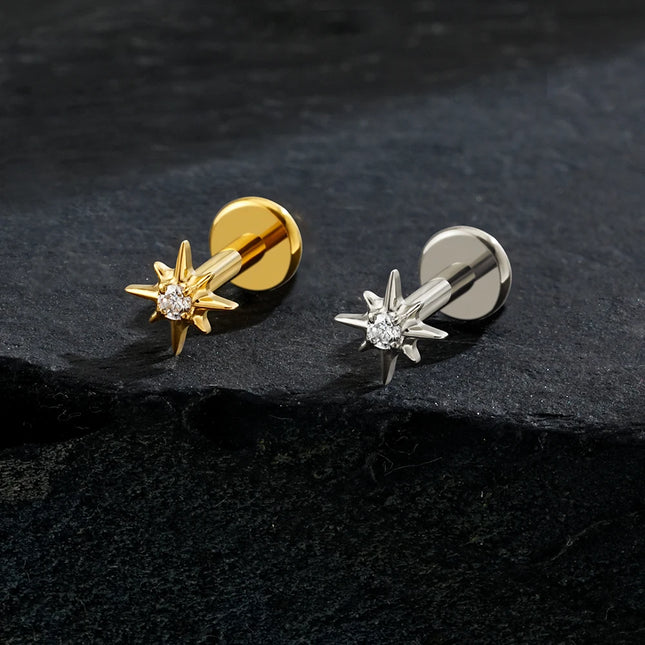 Right Grand ASTM F136 Titanium CZ North Star Flat Back Earring 16G Tiny Starburst Helix Cartilage Stud Earlobe Piercing Jewelry