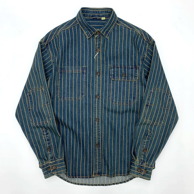 Heavy wash to make old striped shirt men's heavy chunky cargo denim jacket Autumn vintage Amei khaki coat