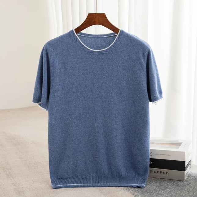 2025 Spring/Summer New Fashion O-Neck Knit Short Sleeve Spliced Business Casual T-Shirts Men's Clothing Loose Tops England Tees