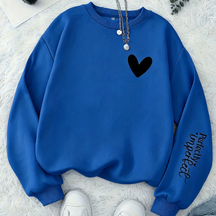 Women Perfectly Imperfect Letter Print Sweatshirt Cute Heart Crew Neck Pullover Casual Soft Fleece Long Sleeve Girls Streetwear