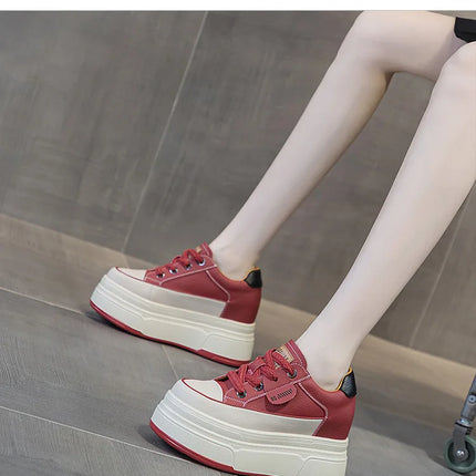 Fujin 9cm 3 inch comfortable platform sneakers for women Genuine Leather Women Vulcanized Shoes Platform High Heels Casual Shoes