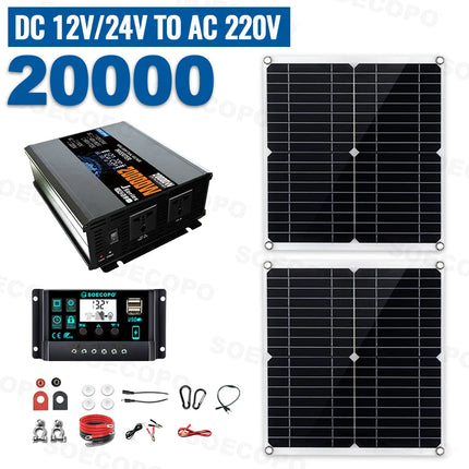SOECOPO 20000W Peak Solar System Complete Kit 2*300W Panel 12V 24V To 220V 110V Inverter Socket 100A Controller for Home Camping