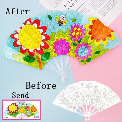 Painting Summer Fan DIY Toys For Children Cartoon Animal Color Graffiti Origami Fan Art Craft Toy Creative Drawing Kids