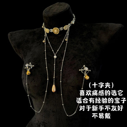 Body Chain Nipple Clamp Collar with Integrated Nipple Rings with Bells for Nipple Massage SM Stimulation Female Body Decoration