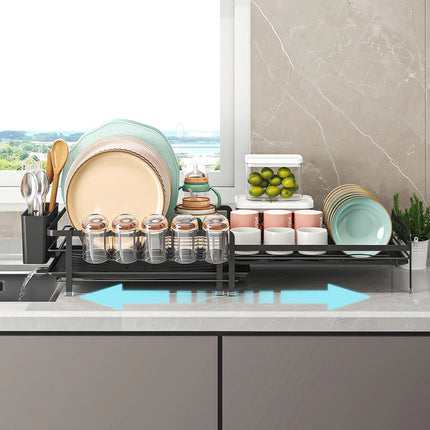 Adjustable Telescopic Dish Rack, Sink Side Dish Drying Organizer, Countertop Dish Organizer With Cup Holder, Utensil Holder