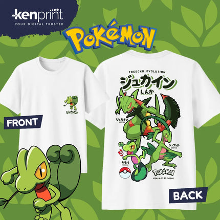 Anime Pokémon Treecko Evolution Printed Cotton T-shirt Summer Men's and Women's Harajuku Clothing Fashion Casual Street T-shirt
