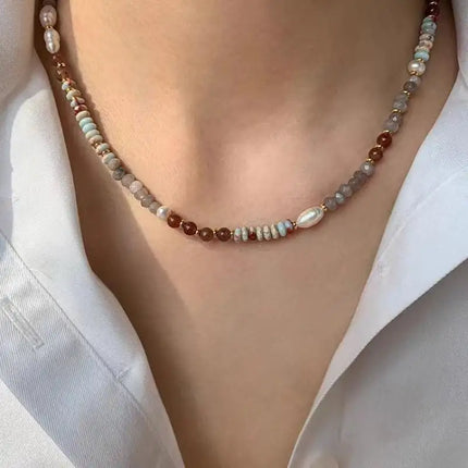 Retro Handmade Woven Natural Stone Beadeds Chain Pearl Pendant Necklace Bracelet Accessories for Women Fashion Jewelry Set Gifts