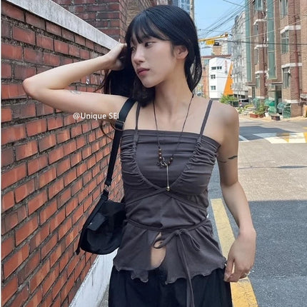 Korean Sle Unique Belted Design Slimming Versatile Split Front Strapl Top Women's Summer Faion Commute Straight Cut Vest