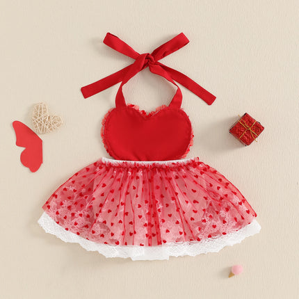 Newborn Girl Valentines Day Outfit Baby Sleeveless Halter Romper Lace Mesh Tutu Dress My First Valentines Baby Girl Outfit