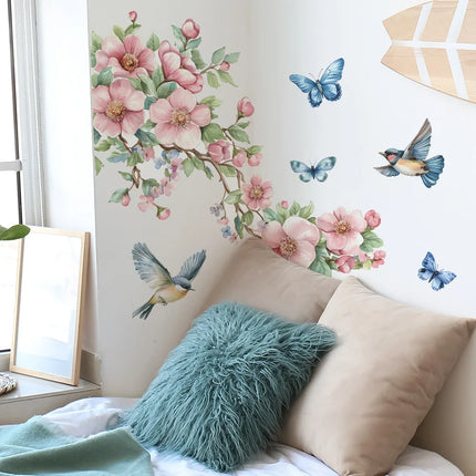 1PCS Watercolor Peach Tree Branches Leaves Bird Butterfly Bedroom Living Room Home Beautify Decorative Wall Stickers