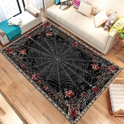 Gothic Spiderweb Carpet - Gothic Witchy Halloween Room Decor Black Red Area Rug Living Room Bedroom Decor Rug Washable