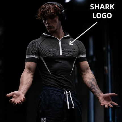 GYM ONYX V5 hooded T-shirt, SHARK silicone logo fitness suit, outdoor sports training top, running fitness hooded short sleeved