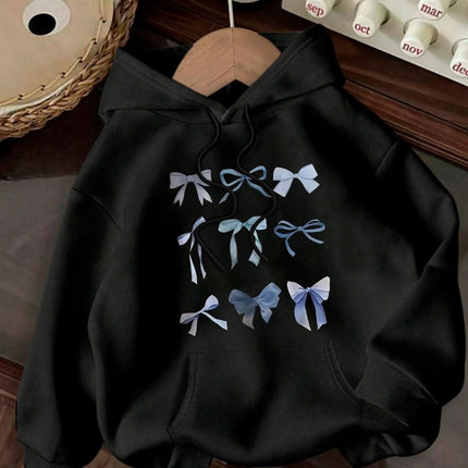 Creative Blue Bow Fresh Style Printed Hoodie for Women in Autumn and Winter 2025 Long Sleeved Hoodie for Women's Clothing