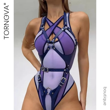 Tornova 2-Piece Interesting Underwear Sexy Women's Mesh See-through Contrast Color Halterneck Jumpsuit Sexy Underwear Suit New