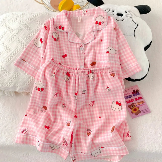 Anime Hello Kitty Pajamas Set Sanrio Woman's Loungewear Cartoon Sweet Household Clothes Student Kawaii Home Wear Girl Gifts