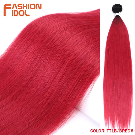 FASHION IDOL Synthetic Hair Bundles 30 inch Salon Yaki Straight Hair Ombre Red High Temperature Fiber Ponytail Hair Extensions