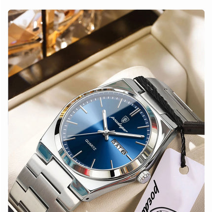 POEDAGAR Fashion Casual Men's Wristwatch Waterproof Luminous Date Week Men's Watches Stainless Steel Quartz Business Men Watch+Box
