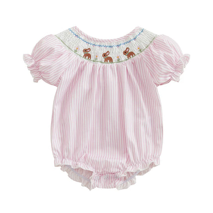 Newborn Infant Baby Girl Bunny Romper Puff Sleeve Rabbit Smocked Striped Bubble Bodysuit My 1st Easter Outfit Summer Clothes
