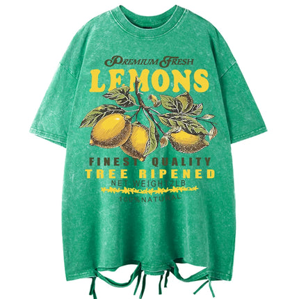 Premium Fresh Lemons Fruit Print Women Washed T-Shirts Y2K Comfortable Short Sleeve Loose All-Match T-Shirt Cotton Hip Hop Top