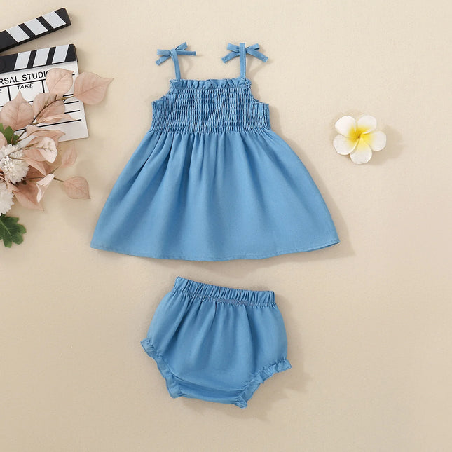 Summer Infant Girl's Blue Floral Embroidery Sleeveless Short Skirt And Triangle Shorts Two-Piece Set Cute And Sweet