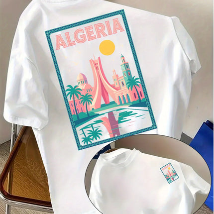 Casual vacation clothes! Men's fashion T-shirt with "ALGERIA" printed round-neck T-shirt fashion short-sleeved
