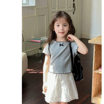 Girls' 1-12Y Korean-Style Knitted Lace-Trimmed Short-Sleeve Summer Ruched Tops: Trendy, Breathable, Bow Tie, Versatile Tee