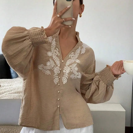 2025 Plus-Size Summer Blouse – Lightweight, Loose-Fitting, Boho-Chic Shirt with Notched Collar, Lace Panels, and Embroidered Flo