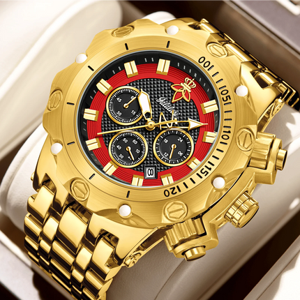 YaLaLuSi Men's Multifunctional Luxury Watch, Gold Strap with Atmospheric Dial, Fashionable and Practical Gift Box