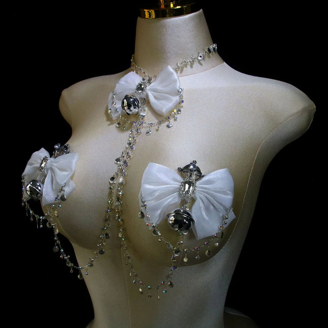 Sexy Sparkle Diamond Gem Body Chain Bow Choker Bell Nipple Clamps Nipple Stimulation  Accessories Chest Restraint BDSM Women's
